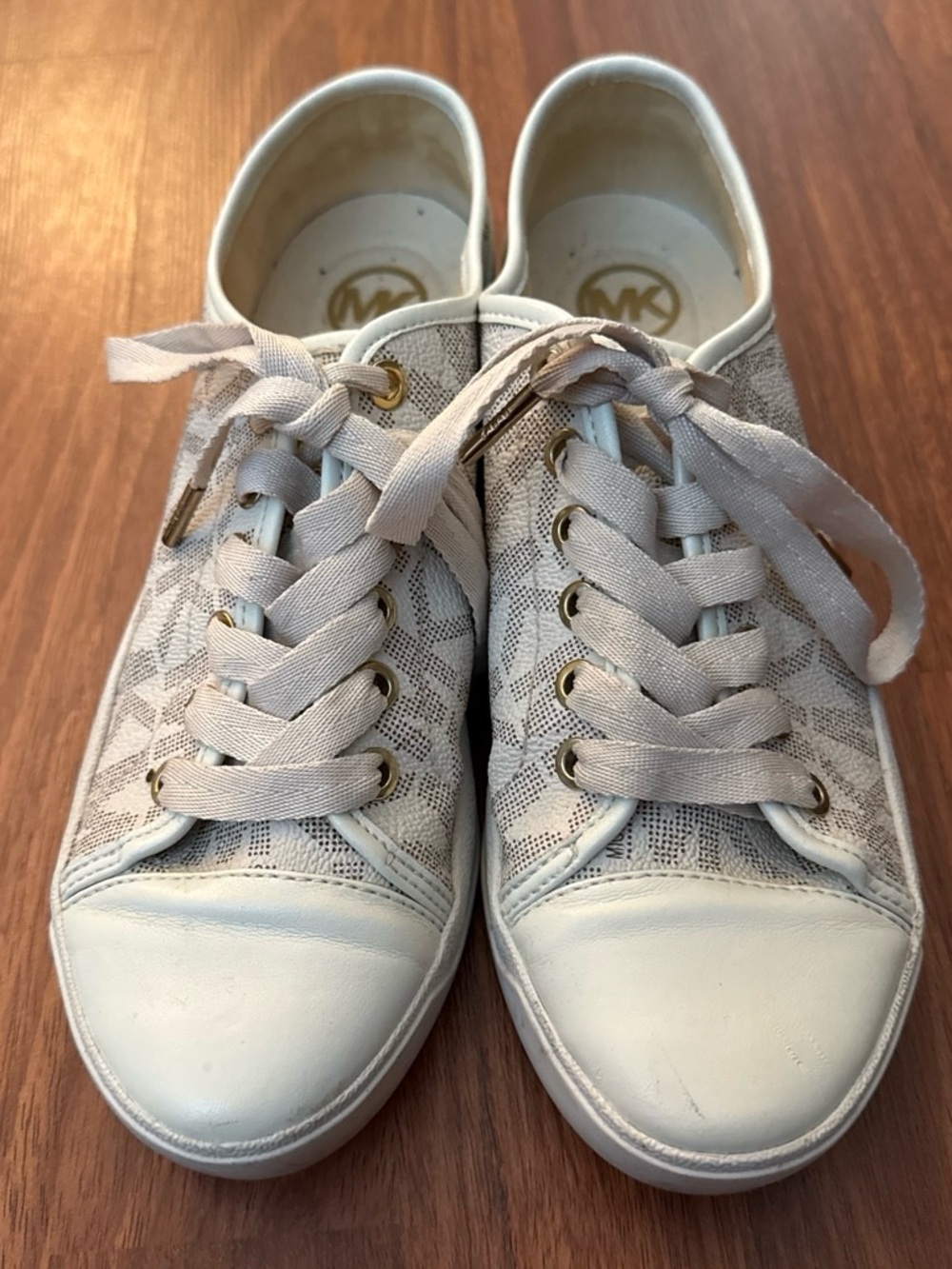 Michael Kors White Lace-Overlay Low-Top Sneakers with Gold Eyelets